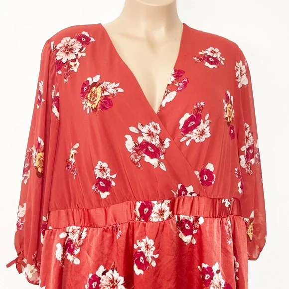 Torrid Burnt Orange Puff Balloon Sleeve Floral Dress Plus Size 30 - Picture 2 of 15